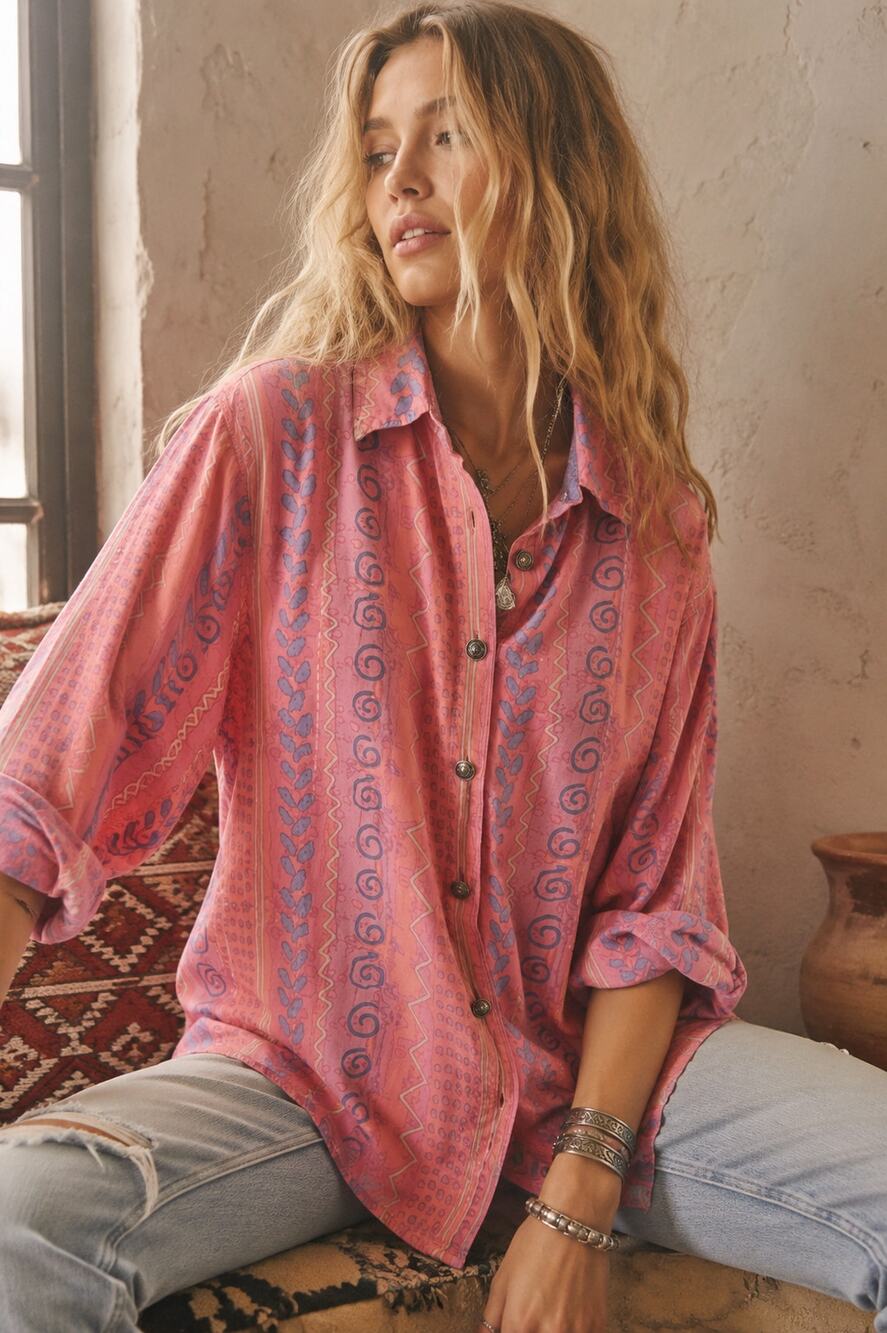 VTG 90s Sigrid Olsen Pink Abstract Print Button Down S Boho Retro Artsy Festival
